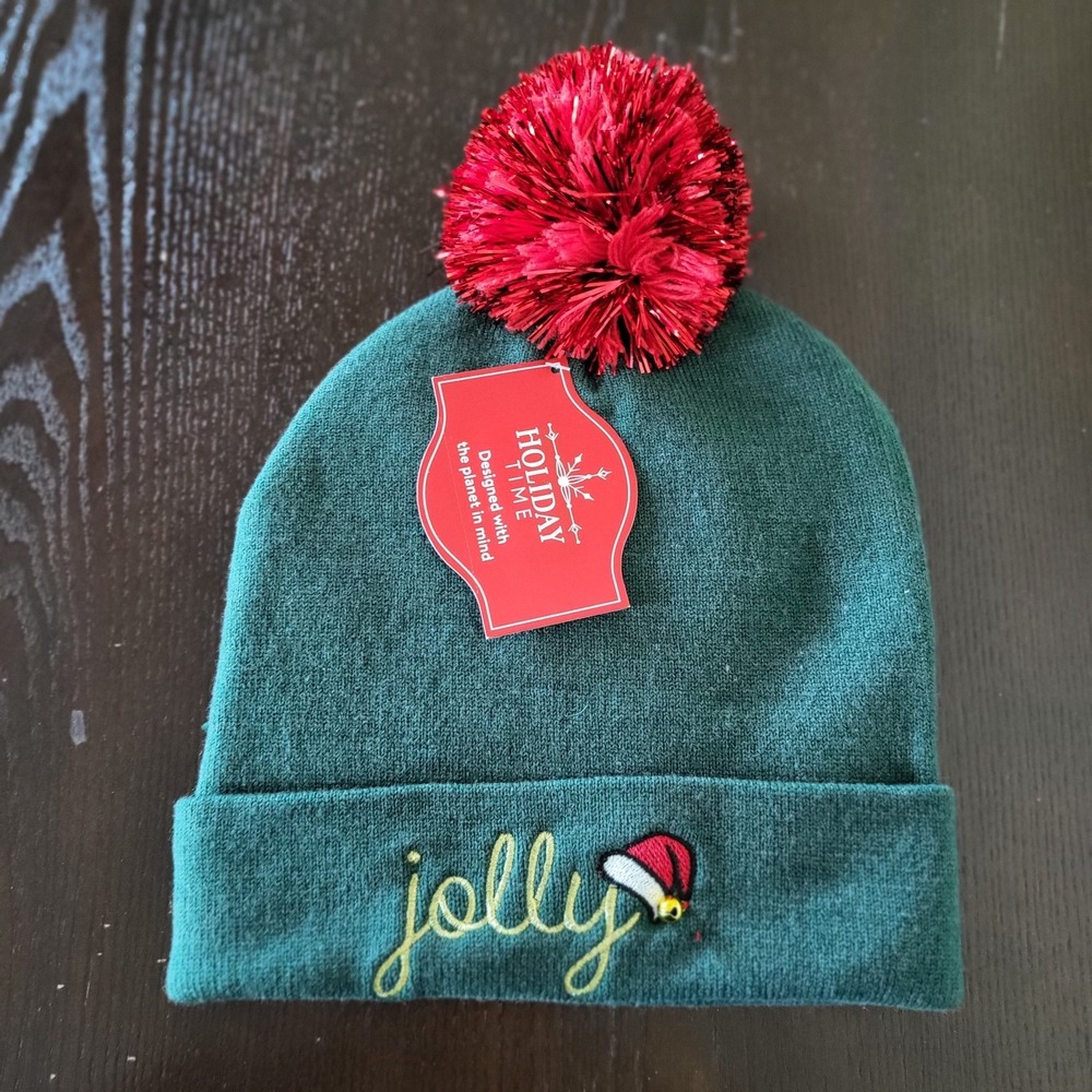 Holiday "jolly" Green Beanie Red Pom Pom Hat Bell One Size Christmas Embroidered